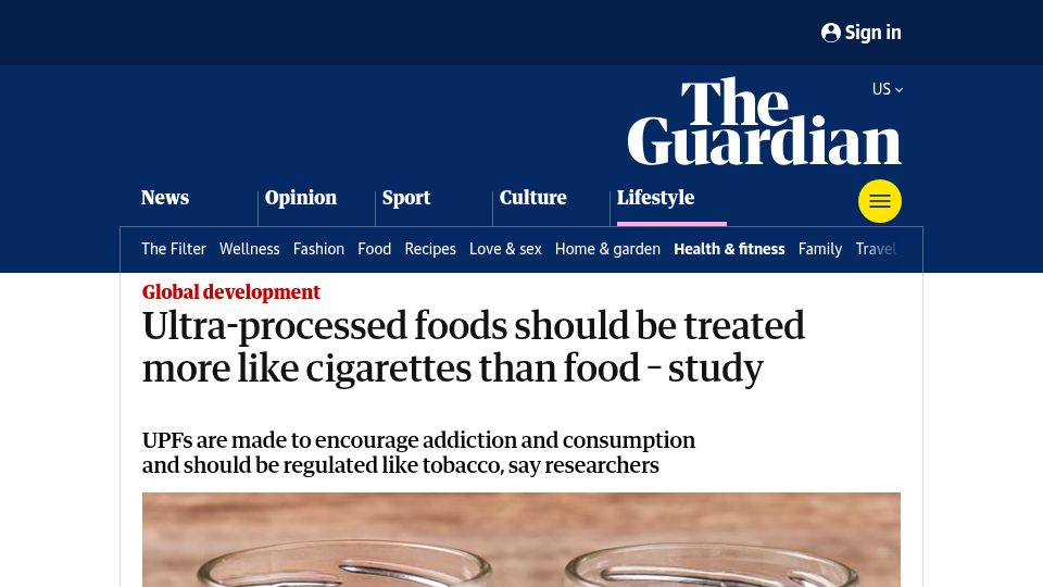 Screenshot of theguardian.com: Ultra-processed foods should be treated more like cigarettes than food – study