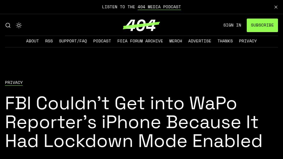 Screenshot of 404media.co: FBI couldn't get into WaPo reporter's iPhone because Lockdown Mode enabled