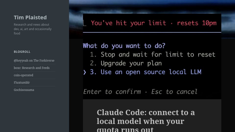 Screenshot of boxc.net: Claude Code: connect to a local model when your quota runs out