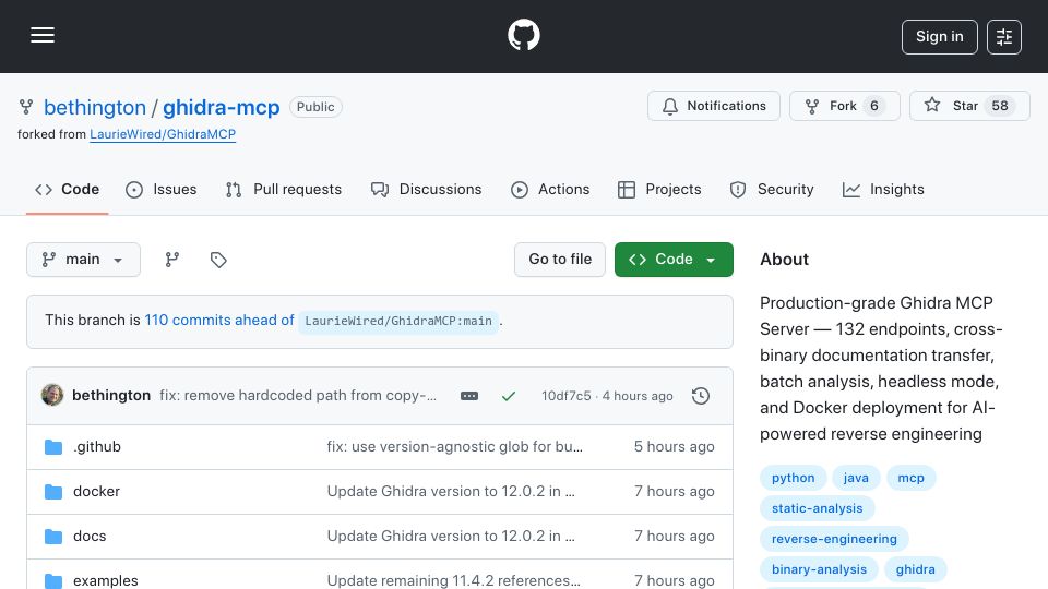 Screenshot of github.com: Show HN: Ghidra MCP Server – 110 tools for AI-assisted reverse engineering