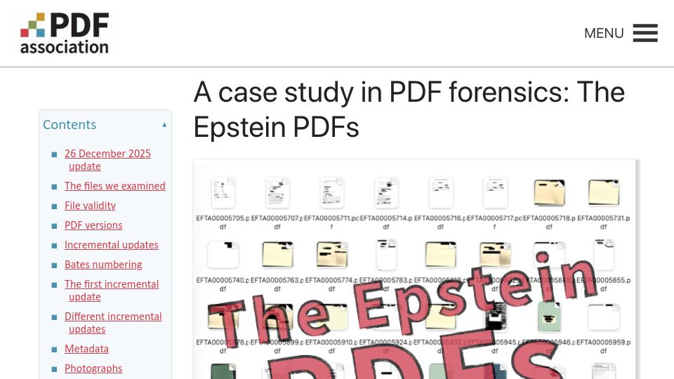 Screenshot of pdfa.org: A case study in PDF forensics: The Epstein PDFs