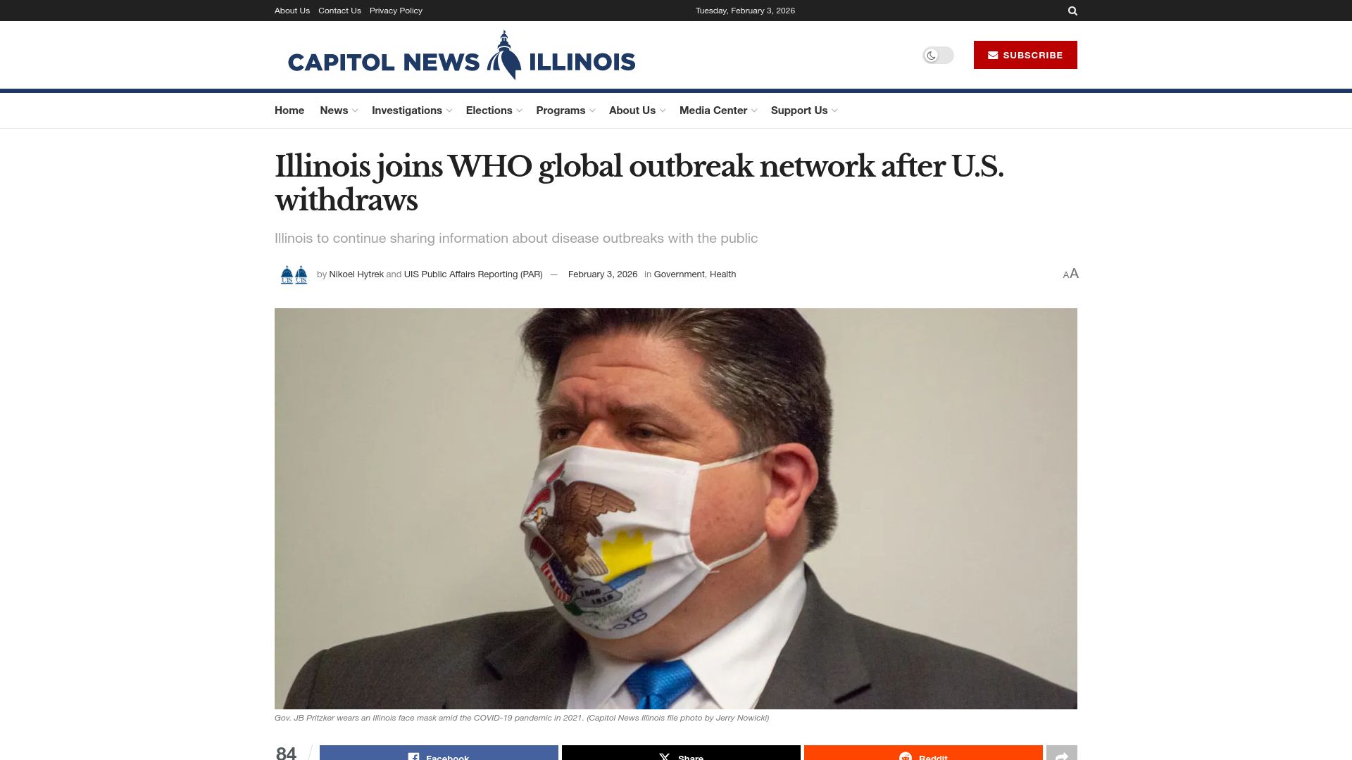 Screenshot of capitolnewsillinois.com: Illinois joins WHO global outbreak network after U.S. withdraws