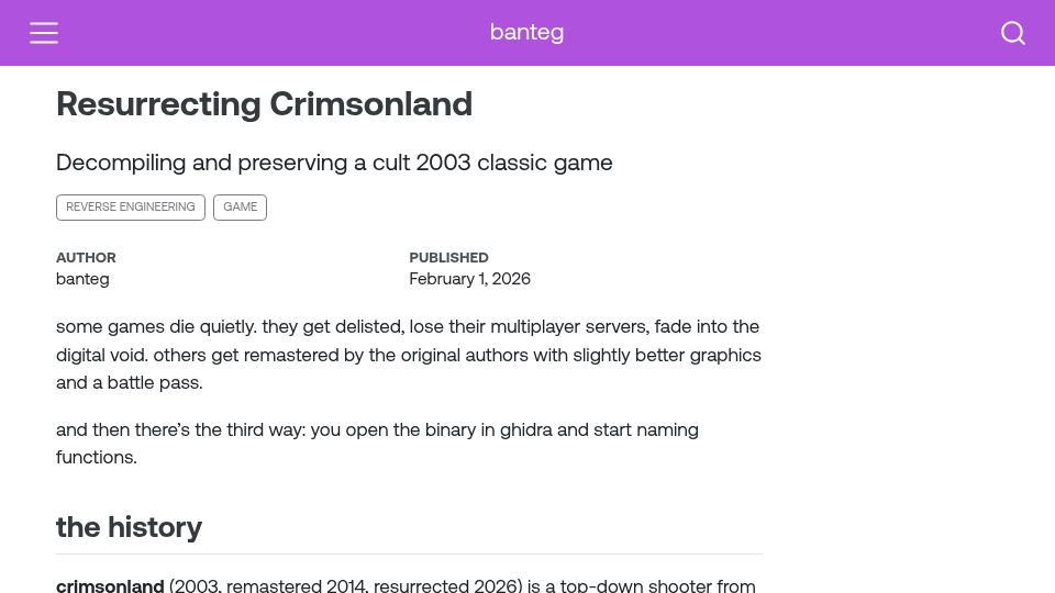 Screenshot of banteg.xyz: Resurrecting Crimsonland – Decompiling and preserving a cult 2003 classic game