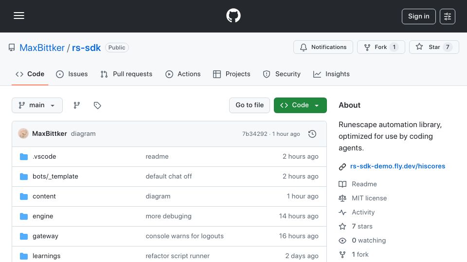 Screenshot of github.com: RS-SDK: Drive RuneScape with Claude Code