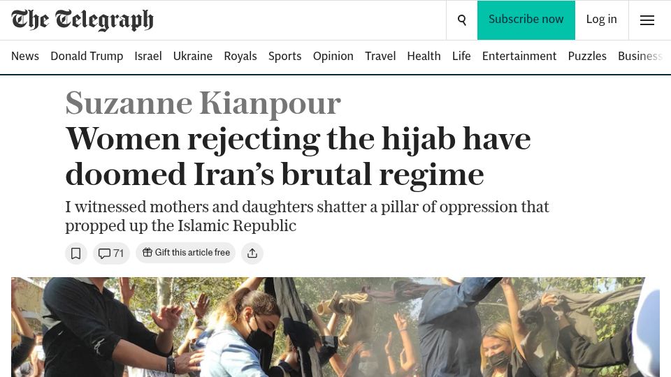 Screenshot of telegraph.co.uk: Women rejecting the hijab have doomed Iran's brutal regime