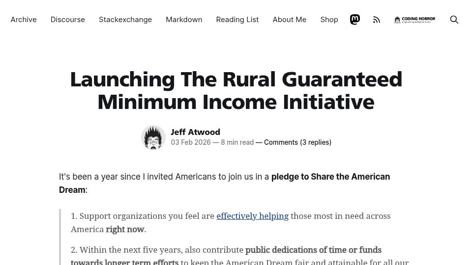 Screenshot of blog.codinghorror.com: Launching the Rural Guaranteed Minimum Income Initiative