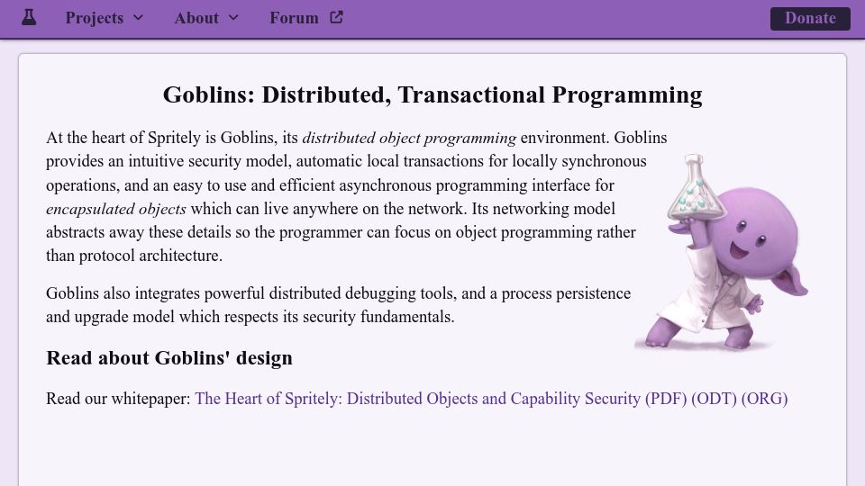 Screenshot of spritely.institute: Goblins: Distributed, Transactional Programming with Racket and Guile