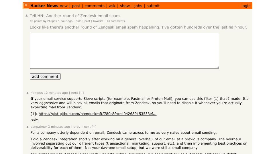 Screenshot of Hacker News post: Tell HN: Another round of Zendesk email spam