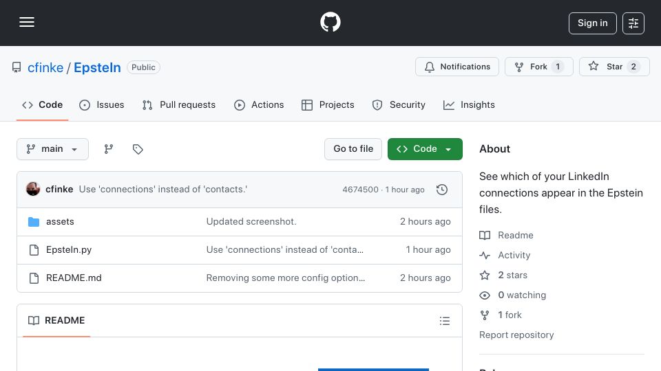 Screenshot of github.com: Show HN: EpsteIn – Search the Epstein files for your LinkedIn connections