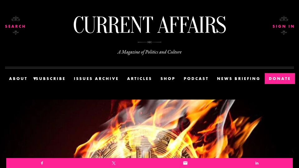 Screenshot of currentaffairs.org: Why This Computer Scientist Says All Cryptocurrency Should "Die in a Fire"