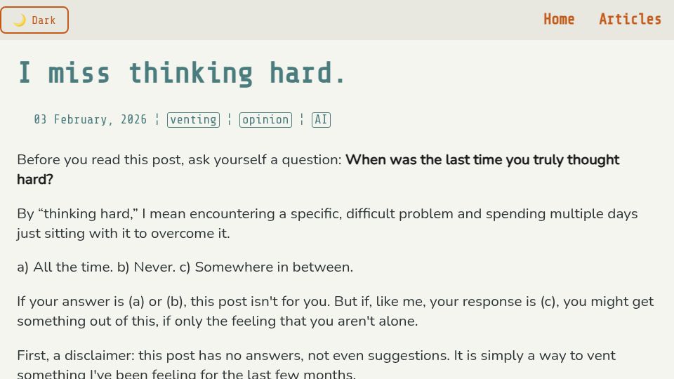 Screenshot of jernesto.com: I miss thinking hard
