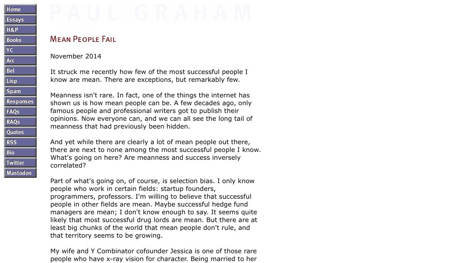 Screenshot of paulgraham.com: Mean People Fail (2014)
