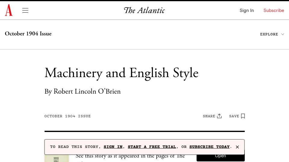 Screenshot of theatlantic.com: Machinery and English Style (1904)