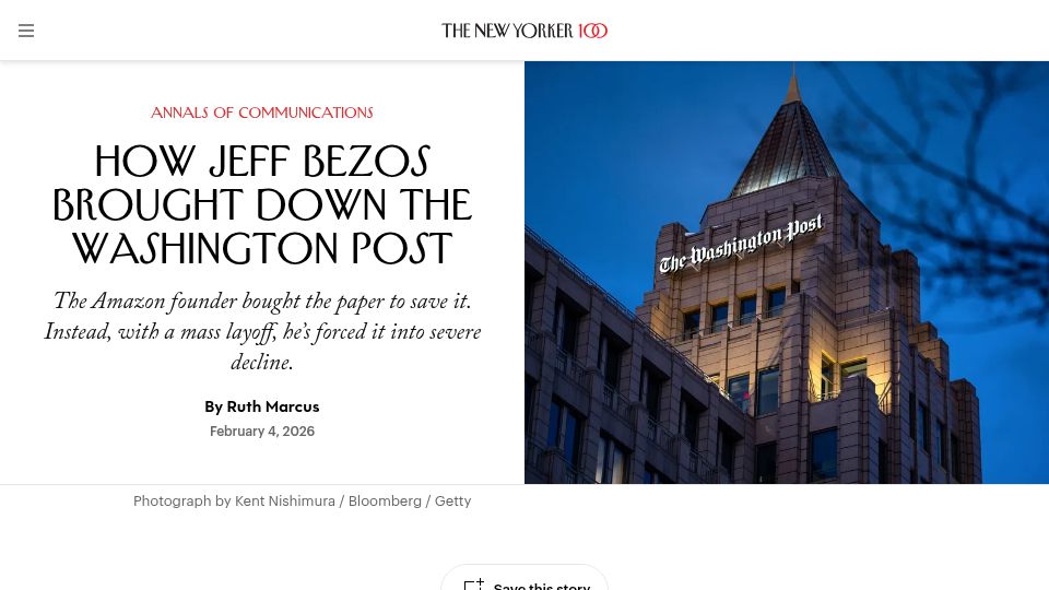 Screenshot of newyorker.com: How Jeff Bezos Brought Down the Washington Post