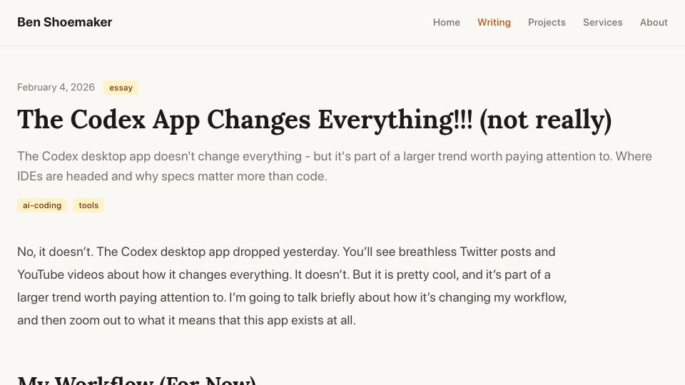 Screenshot of benshoemaker.us: The Codex app illustrates the shift left of IDEs and coding GUIs