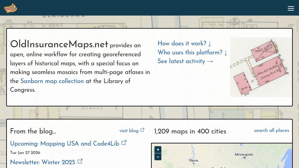 Screenshot of oldinsurancemaps.net: Old Insurance Maps – Georeferencing Sanborn Fire Insurance Maps on Modern Maps