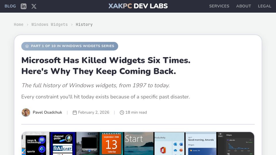 Screenshot of xakpc.dev: The full history of Windows widgets, from 1997 to today