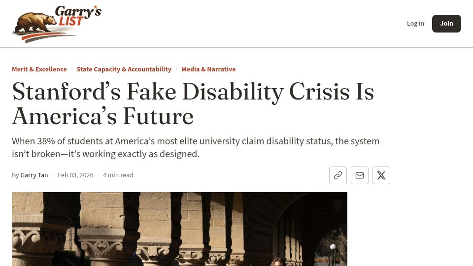 Screenshot of garryslist.org: Stanford's Fake Disability Crisis Is America's Future