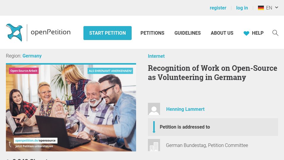 Screenshot of openpetition.de: Petition for Recognition of Work on Open-Source as Volunteering in Germany
