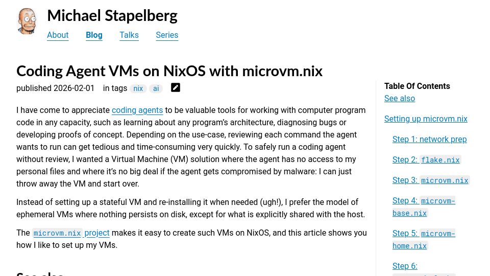 Screenshot of michael.stapelberg.ch: Coding Agent VMs on NixOS with Microvm.nix