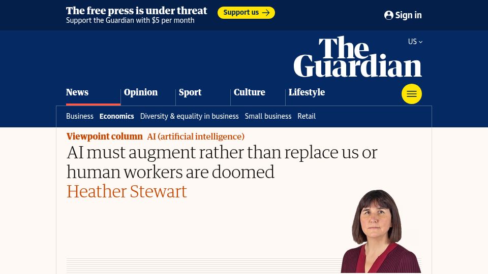 Screenshot of theguardian.com: AI needs to augment rather than replace humans or the workplace is doomed