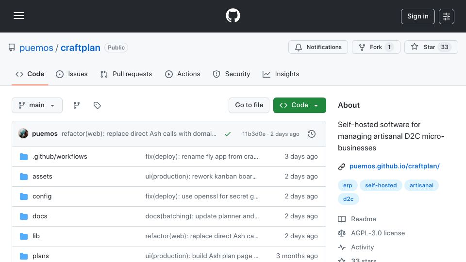 Screenshot of github.com: Show HN: Craftplan – I built my wife a production management tool for her bakery