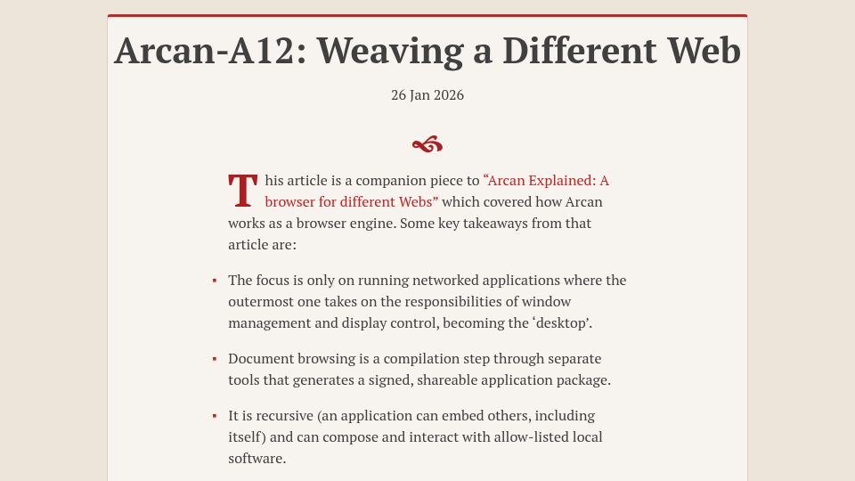 Screenshot of divergent-desktop.org: Arcan-A12: Weaving a Different Web