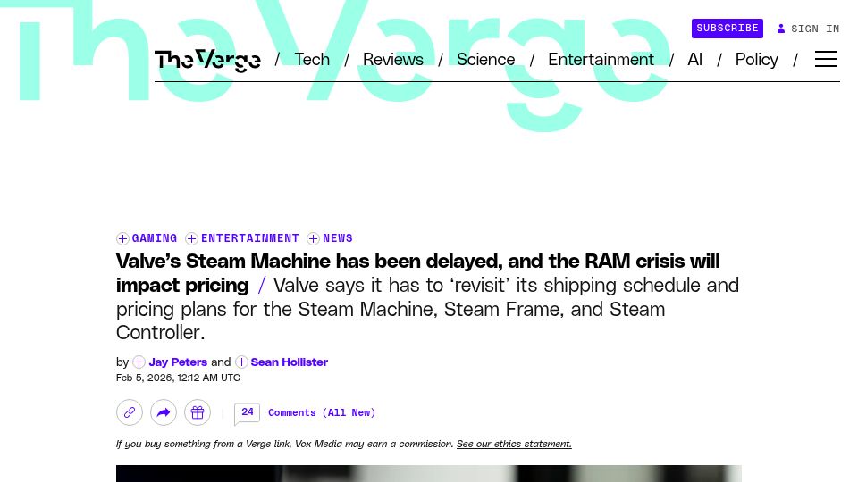 Screenshot of theverge.com: Valve's Steam Machine has been delayed, and the RAM crisis will impact pricing