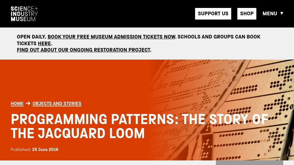 Screenshot of scienceandindustrymuseum.org.uk: Programming Patterns: The Story of the Jacquard Loom (2019)