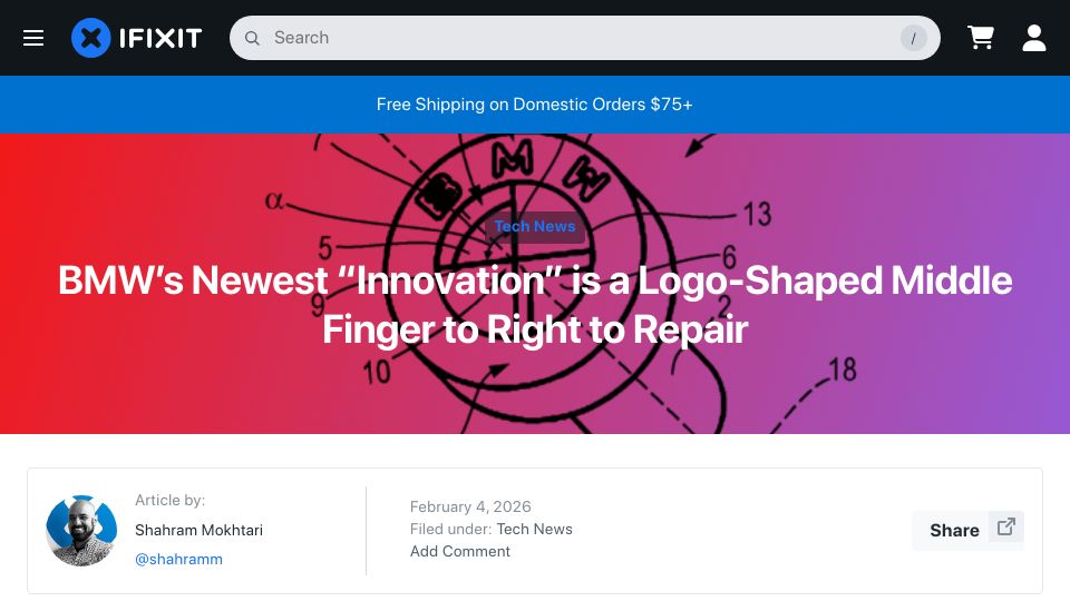 Screenshot of ifixit.com: BMW's Newest "Innovation" Is a Logo-Shaped Middle Finger to Right to Repair