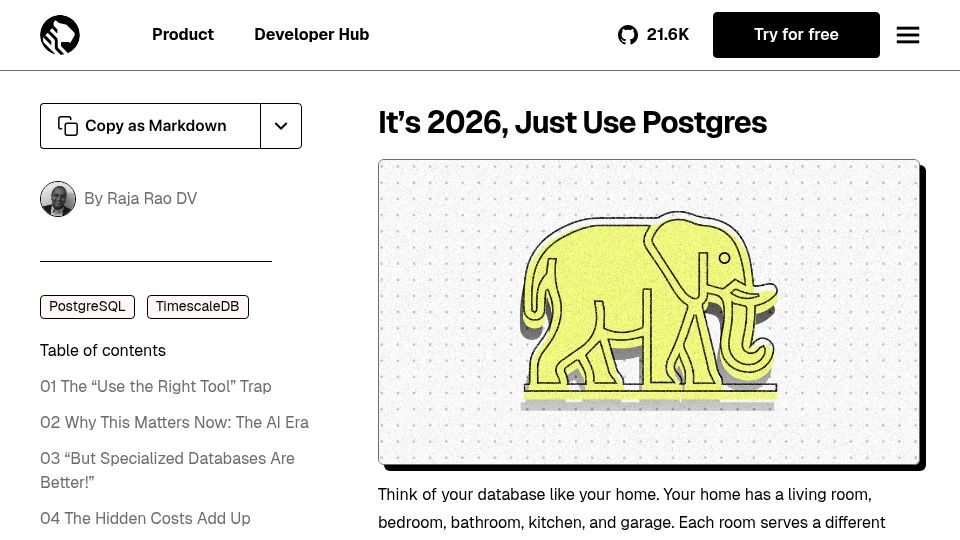 Screenshot of tigerdata.com: It's 2026, Just Use Postgres