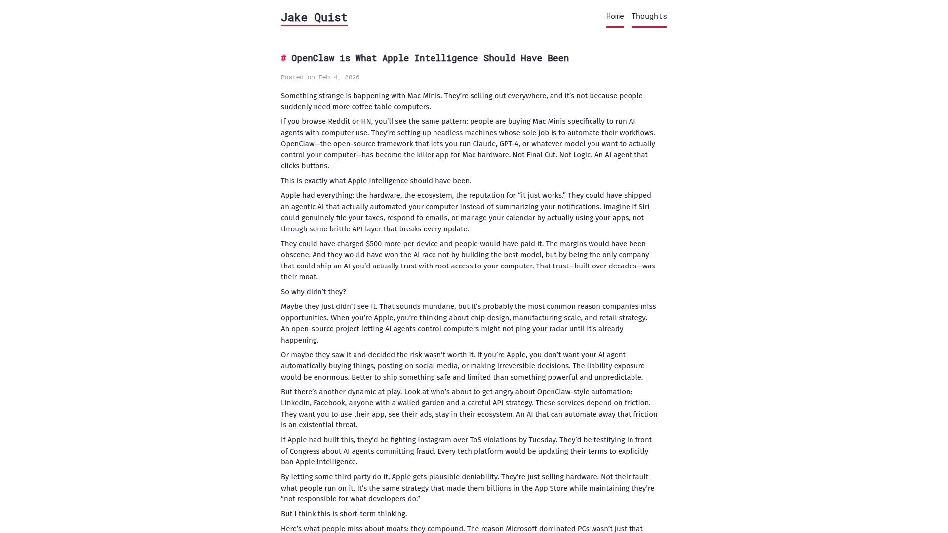 Screenshot of jakequist.com: OpenClaw is what Apple intelligence should have been