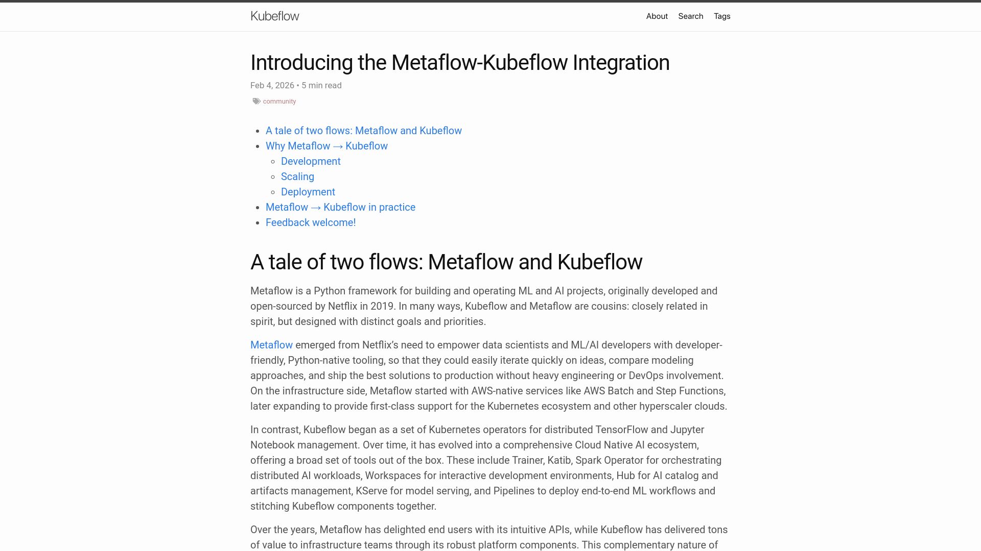 Screenshot of blog.kubeflow.org: A tale of two flows: Metaflow and Kubeflow