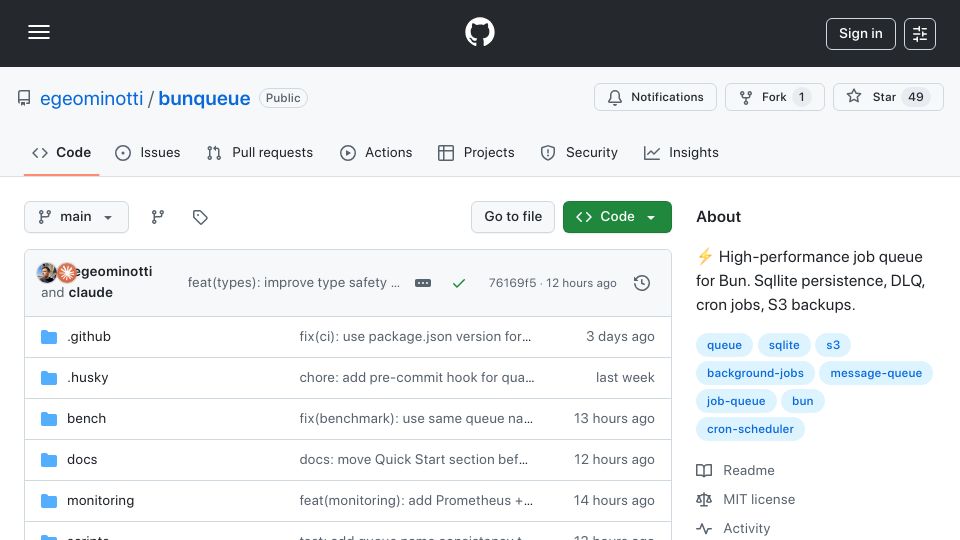 Screenshot of github.com: Show HN: Bunqueue – Job queue for Bun using SQLite instead of Redis