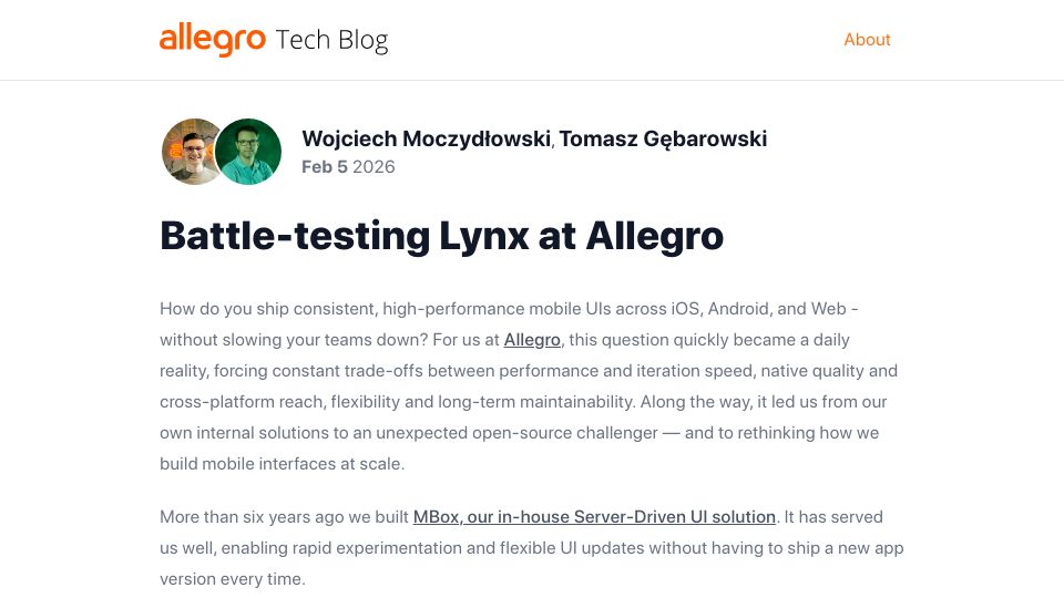 Screenshot of blog.allegro.tech: Battle-Testing Lynx at Allegro