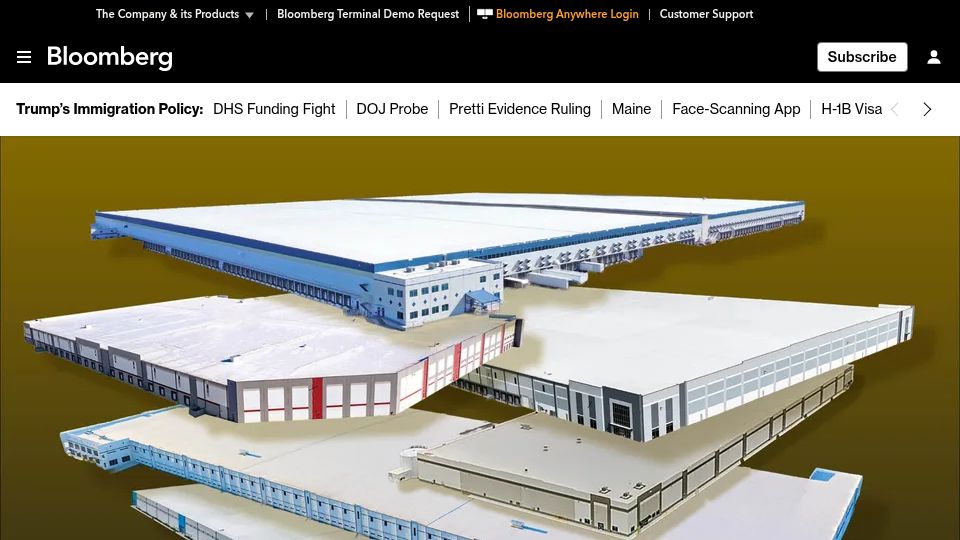 Screenshot of bloomberg.com: ICE Begins Buying 'Mega' Warehouse Detention Centers Across US