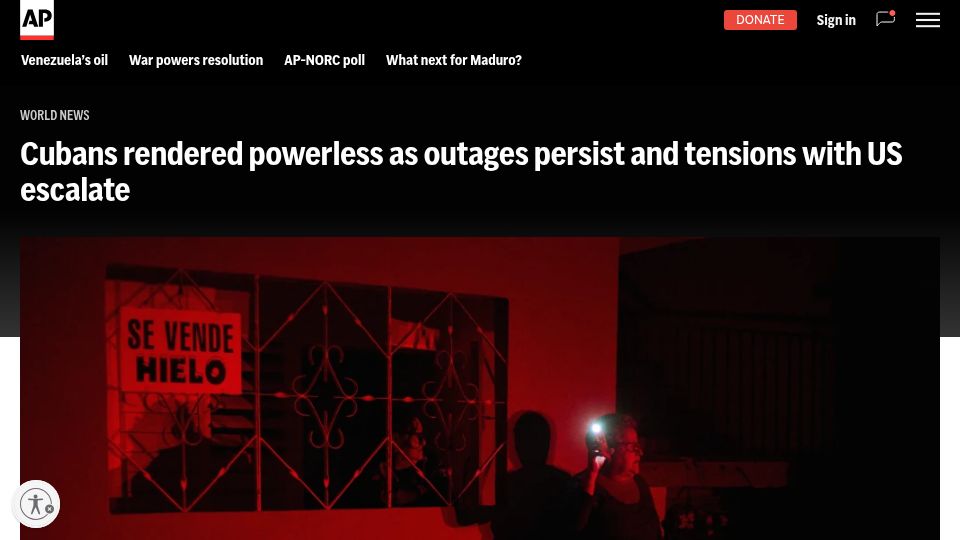 Screenshot of apnews.com: Cubans rendered powerless as outages persist and tensions with US escalate