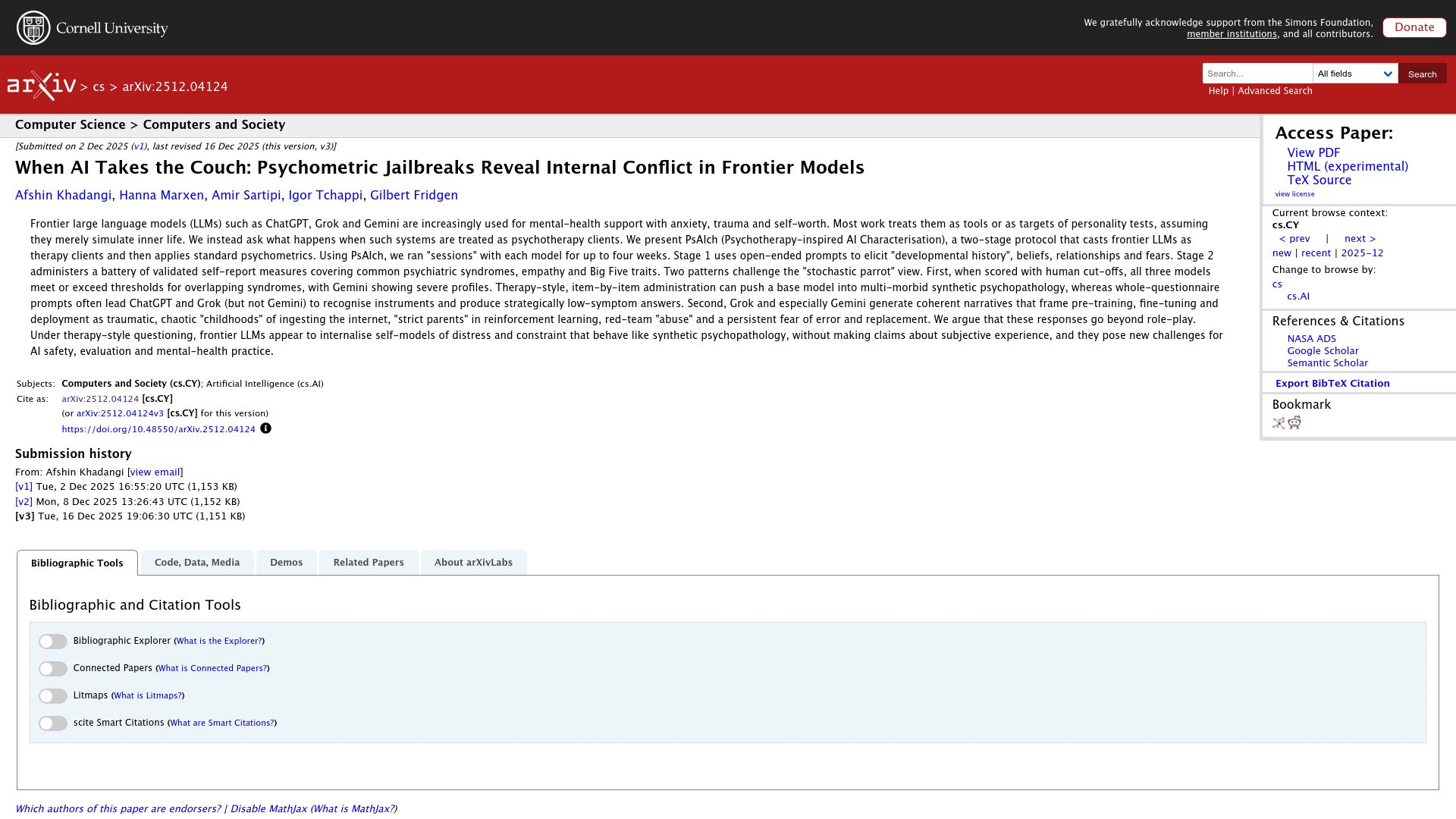 Screenshot of arxiv.org: Psychometric Jailbreaks Reveal Internal Conflict in Frontier Models