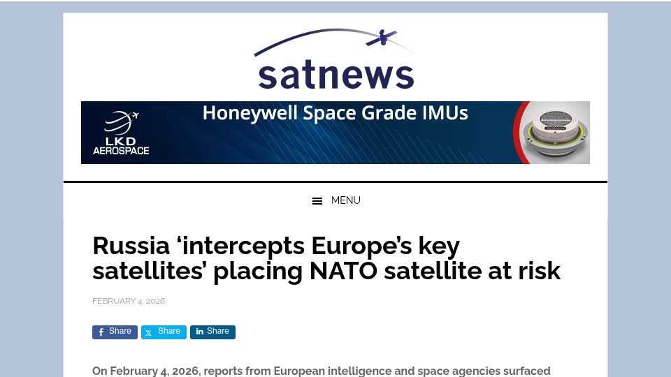 Screenshot of news.satnews.com: Russia 'intercepts Europe's key satellites'