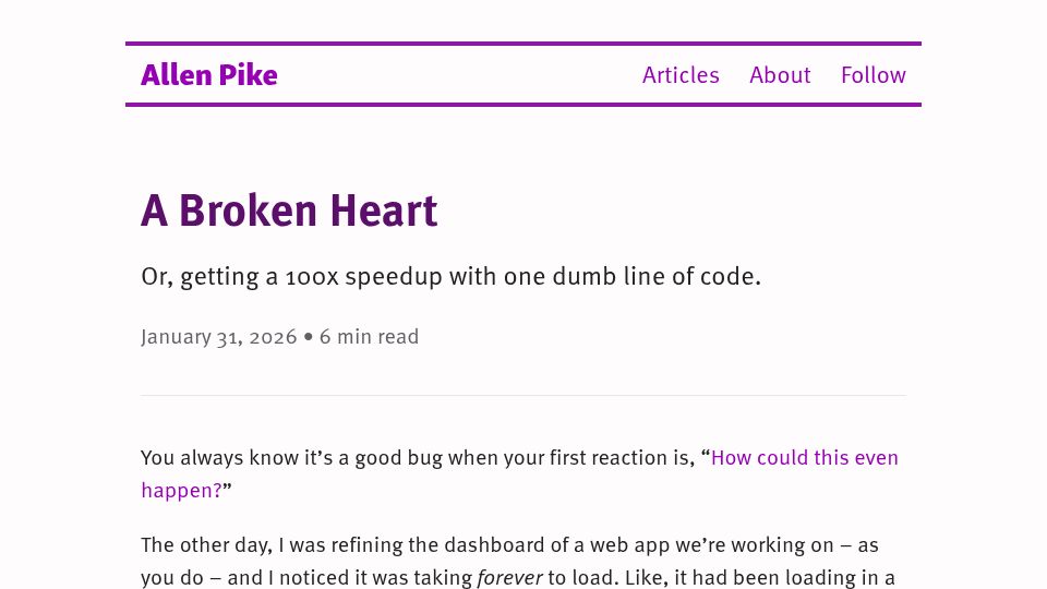 Screenshot of allenpike.com: A Broken Heart