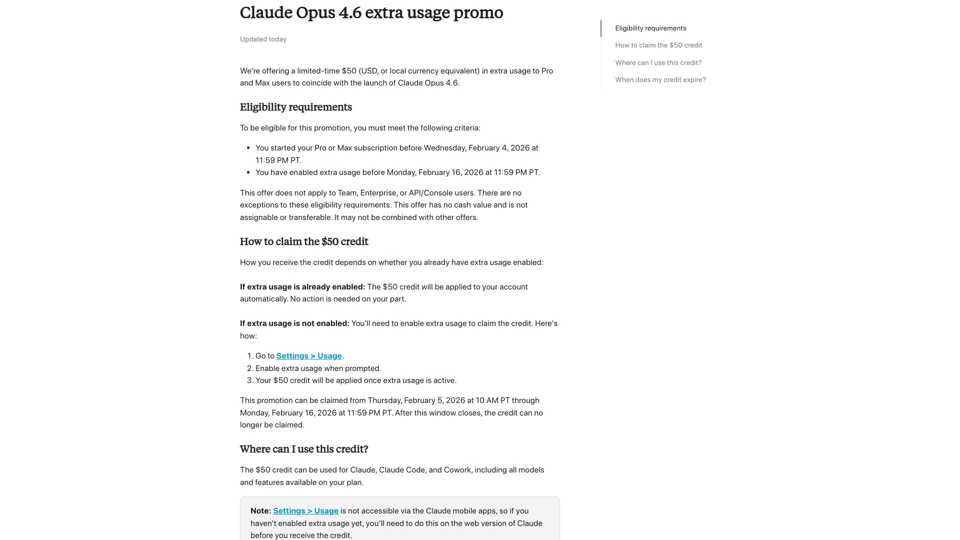 Screenshot of support.claude.com: Claude Opus 4.6 extra usage promo