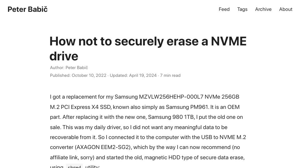 Screenshot of peterbabic.dev: How not to securely erase a NVME drive (2022)