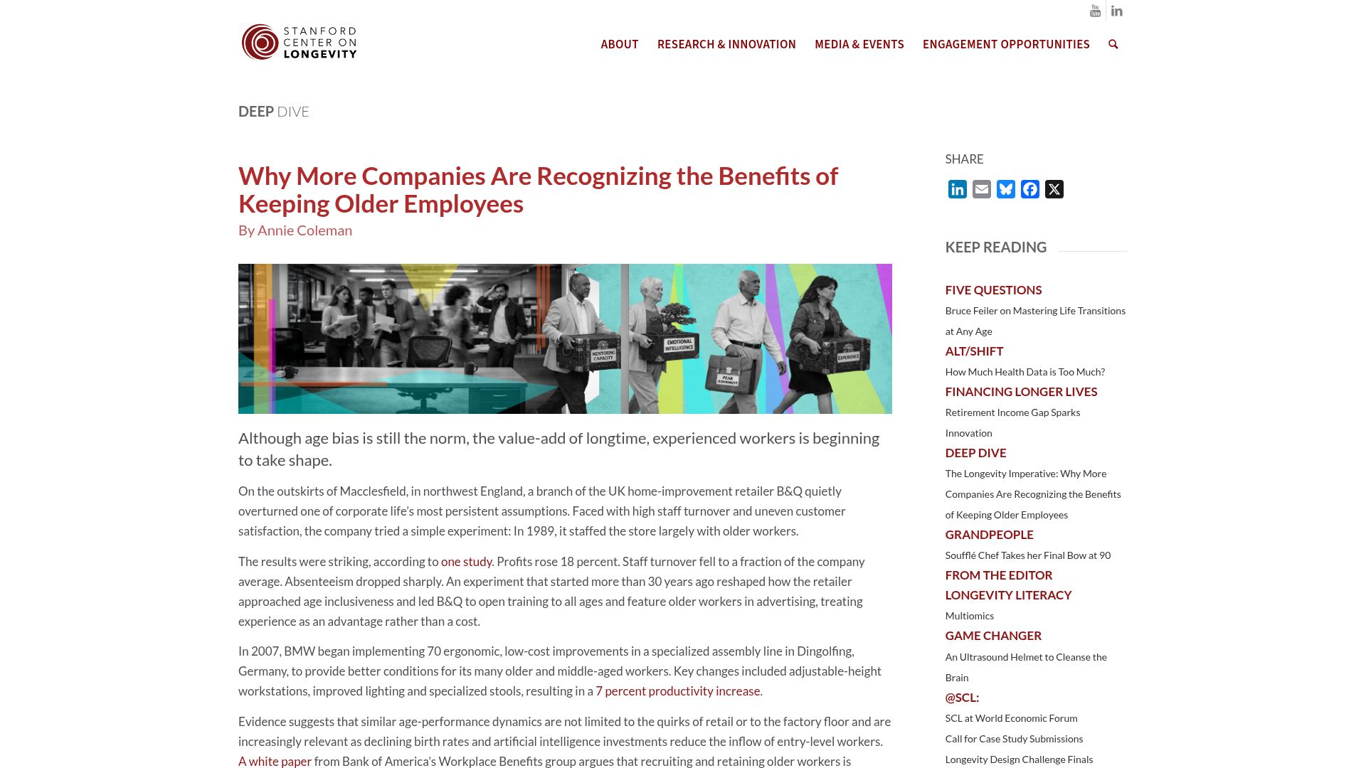 Screenshot of longevity.stanford.edu: Why more companies are recognizing the benefits of keeping older employees