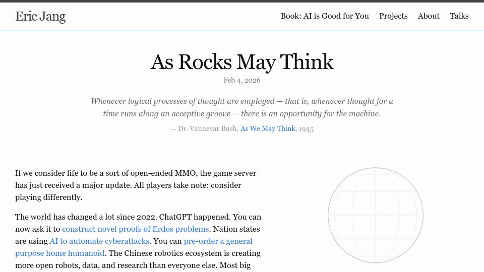 Screenshot of evjang.com: As Rocks May Think