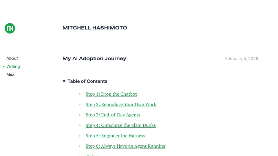 Screenshot of mitchellh.com: My AI Adoption Journey