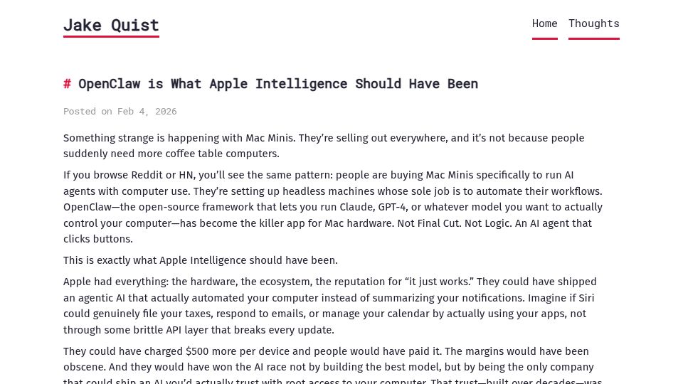 Screenshot of jakequist.com: OpenClaw is what Apple intelligence should have been