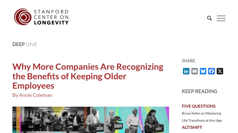 Screenshot of longevity.stanford.edu: Why more companies are recognizing the benefits of keeping older employees