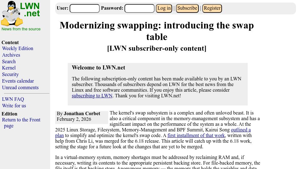 Screenshot of lwn.net: Modernizing Linux swapping: introducing the swap table