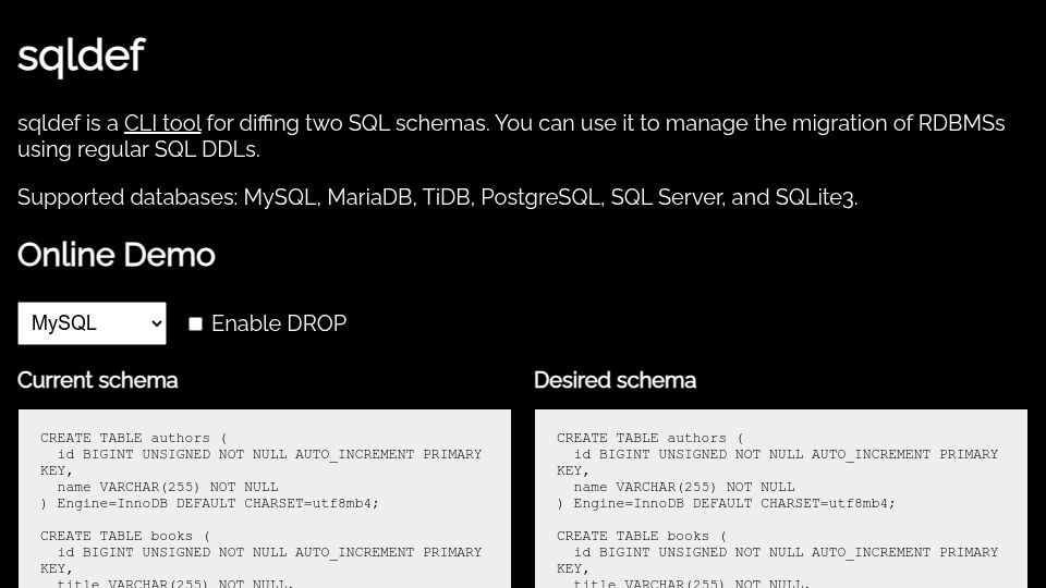 Screenshot of sqldef.github.io: Sqldef: Idempotent schema management tool for MySQL, PostgreSQL, SQLite