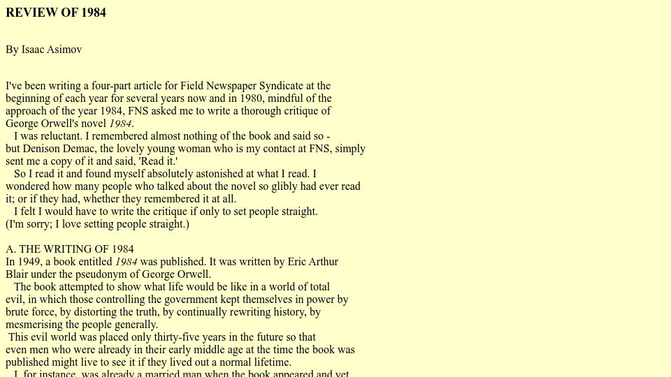 Screenshot of newworker.org: Review of 1984 by Isaac Asimov (1980)